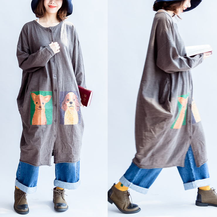 2024 gray cartoon print cotton cardigans plus size casual big coats