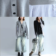 2021 gray striped cotton patchwork knit cardigan loose v neck sweater blouse