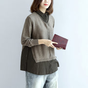 2024 new khaki grid knit tops fine casual long sleeve pullover false two pieces