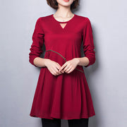 2024 new red cotton blended dresses loose  fit v neck patchwork chiffon dress