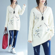 2024 white embroidery casual knit dresses plus size women v neck sweater dress