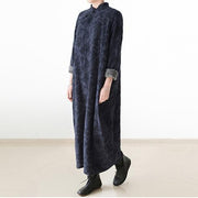 2024 winter linen dresses warm velour inside Jacquard long caftans winter dresses in navy