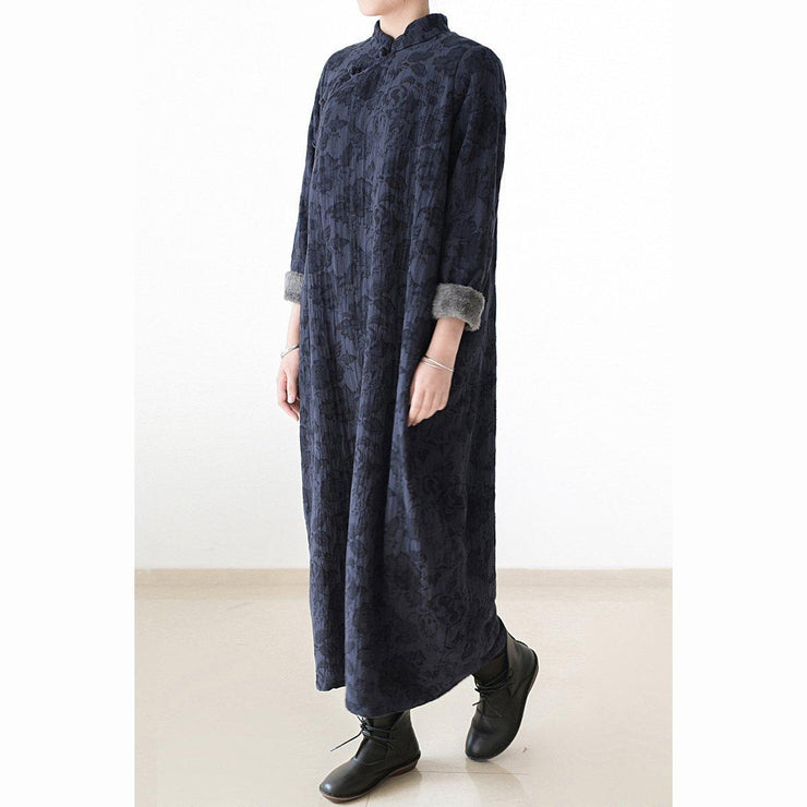 2024 winter linen dresses warm velour inside Jacquard long caftans winter dresses in navy