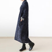 2021 winter linen dresses warm velour inside Jacquard long caftans winter dresses in navy