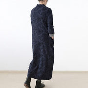 2024 winter linen dresses warm velour inside Jacquard long caftans winter dresses in navy