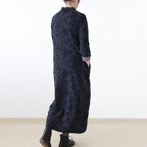 2021 winter linen dresses warm velour inside Jacquard long caftans winter dresses in navy