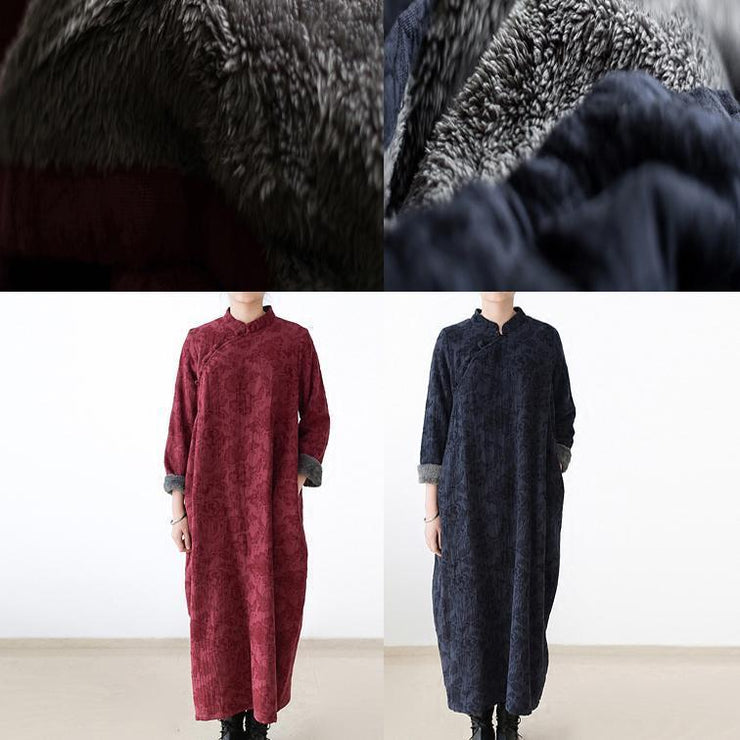 2021 winter linen dresses warm velour inside Jacquard long caftans winter dresses in navy