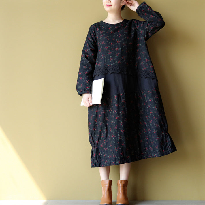 2024 winter warm embroidery floral cotton dresses oversize print patchwork linen thick maxi dress