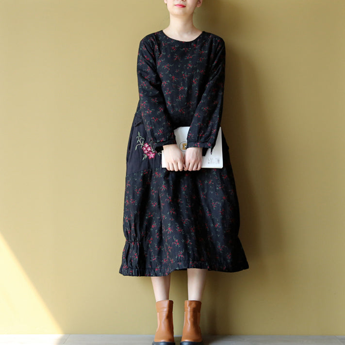 2024 winter warm embroidery floral cotton dresses oversize print patchwork linen thick maxi dress