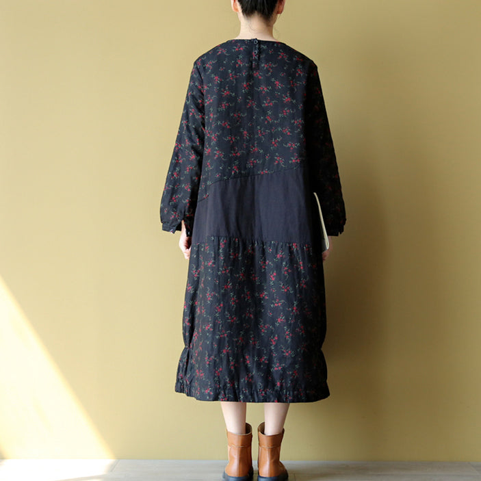 2024 winter warm embroidery floral cotton dresses oversize print patchwork linen thick maxi dress