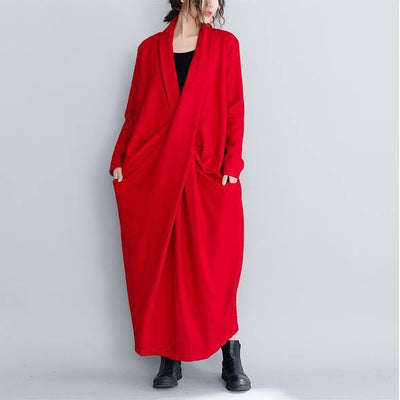 2019 Fashion Vintage Loose Red And Black Wool Maxi Dresses For Women - bagstylebliss