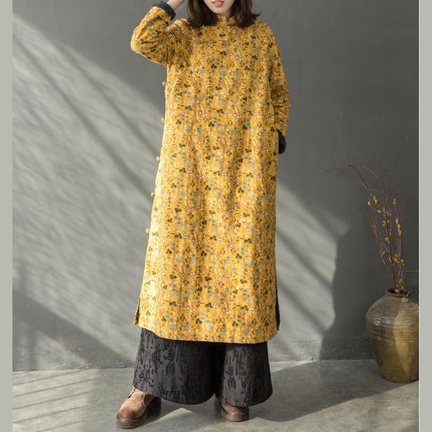 2024 New yellow floral spring dresses Chinese element Women Thicken Long Dresses