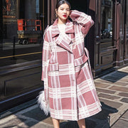 2018 Plaid Wool Coat casual Notched tie waist maxi coat Fashion pockets coat - bagstylebliss