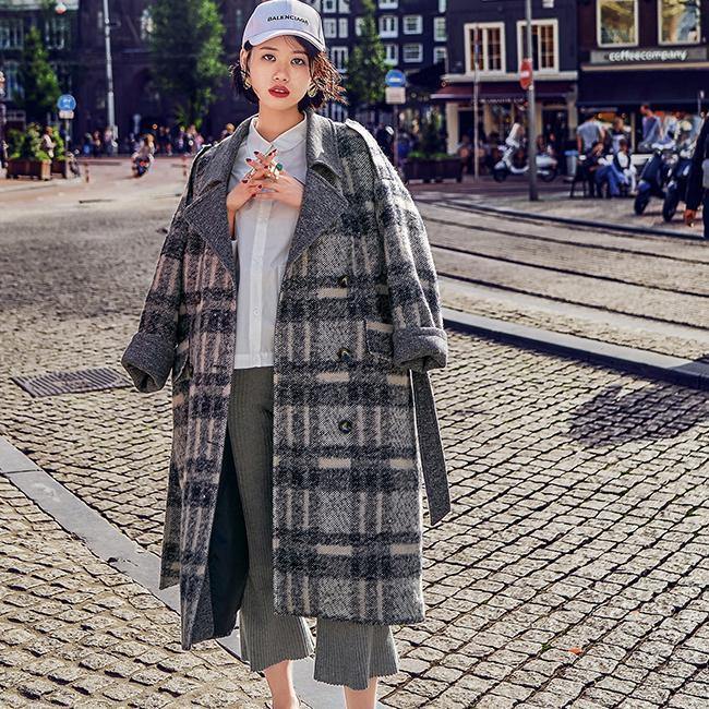 2018 Plaid coat Loose fitting Notched Winter coat Fine double breasted pockets Coats - bagstylebliss