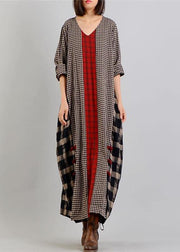 2019 black Plaid autumn Loose fitting v neck patchwork traveling clothing vintage Chinese Button dresses - bagstylebliss