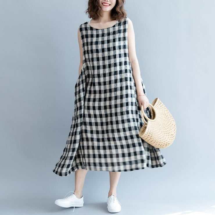 2019 black Plaid linen cotton shift dresses fine Sleeveless baggy dresses O neck Cinched cotton dress - bagstylebliss