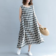 2019 black Plaid linen cotton shift dresses fine Sleeveless baggy dresses O neck Cinched cotton dress - bagstylebliss