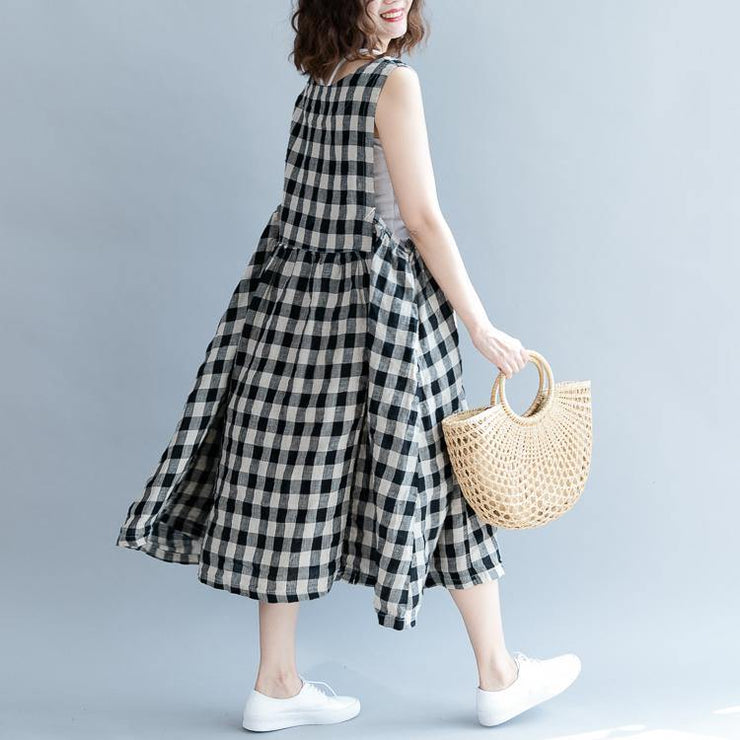 2019 black Plaid linen cotton shift dresses fine Sleeveless baggy dresses O neck Cinched cotton dress - bagstylebliss