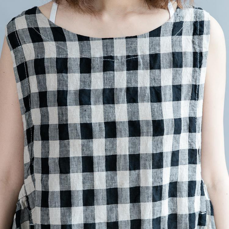 2019 black Plaid linen cotton shift dresses fine Sleeveless baggy dresses O neck Cinched cotton dress - bagstylebliss