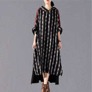 2019 black Plaid long plus size Hooded cotton linen clothing dress New patchwork autumn dress - bagstylebliss