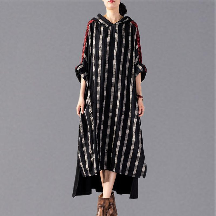 2019 black Plaid long plus size Hooded cotton linen clothing dress New patchwork autumn dress - bagstylebliss