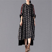 2019 black Plaid long plus size Hooded cotton linen clothing dress New patchwork autumn dress - bagstylebliss