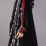 2019 black Plaid long plus size Hooded cotton linen clothing dress New patchwork autumn dress - bagstylebliss