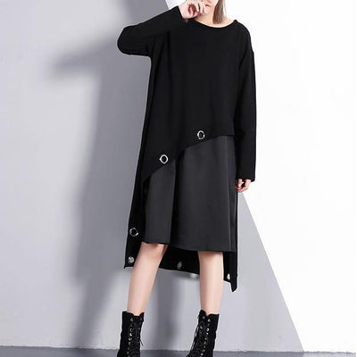 2019 black cotton blended oversize traveling dress two pieces asymmetric New O neck midi dress - bagstylebliss