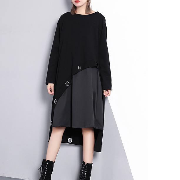 2019 black cotton blended oversize traveling dress two pieces asymmetric New O neck midi dress - bagstylebliss