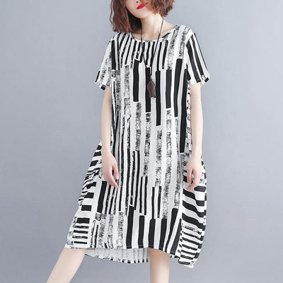 2019 black cotton blended shift dress plus size clothing casual dress Elegant short sleeve Geometric O neck asymmetric knee dresses - bagstylebliss