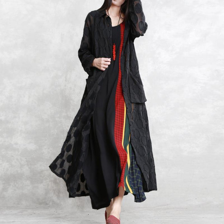 2019 black dotted Jacquard coats plus size Turn-down Collar outwear fine long sleeve pockets long coat - bagstylebliss