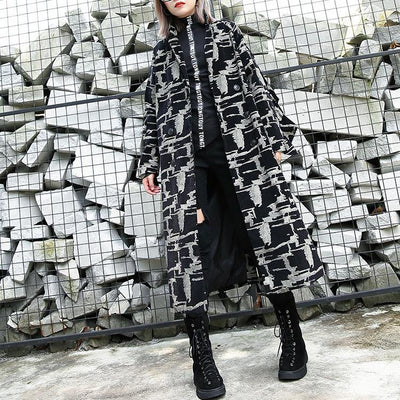 2019 black print Coat plus size lapel patchwork Coat Fine asymmetrical design coat - bagstylebliss