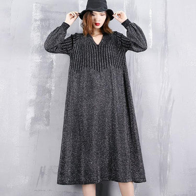 2019 black sweater dress plus size v neck sweater vintage baggy Cinched winter dress - bagstylebliss