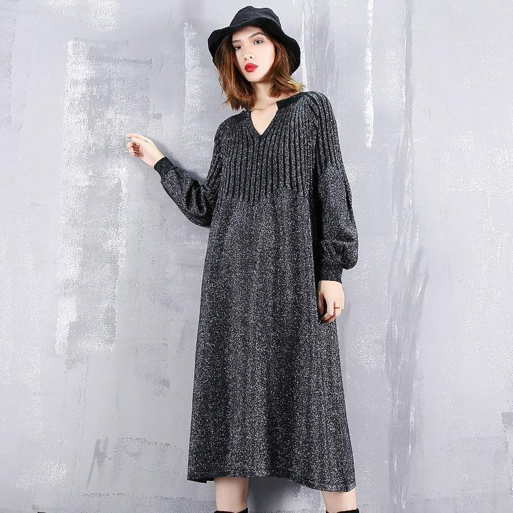 2019 black sweater dress plus size v neck sweater vintage baggy Cinched winter dress - bagstylebliss