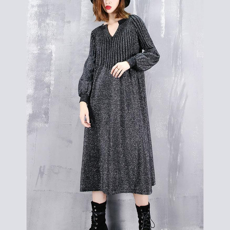 2019 black sweater dress plus size v neck sweater vintage baggy Cinched winter dress - bagstylebliss