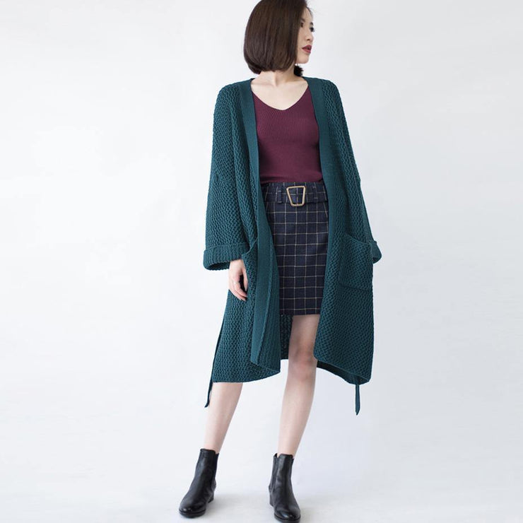 2019 blackish green Wool Coat plus size flare sleeve tie waist maxi coat Elegant pockets coat - bagstylebliss