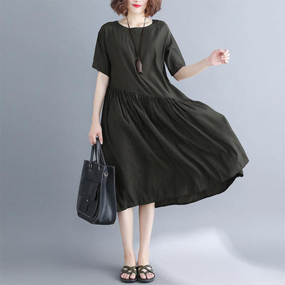 2019 blackish green pure cotton blended dresses oversize maxi dress Elegant short sleeve baggy dresses o neck patchwork cotton dress - bagstylebliss