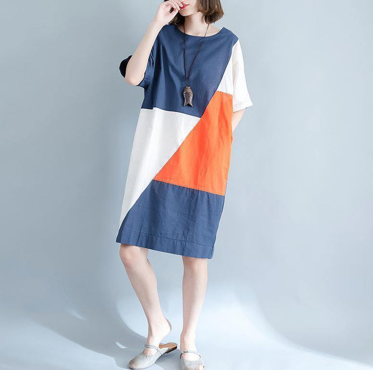 2019 blue linen shift dresses casual shirt dress Fine short sleeve patchwork knee dresses - bagstylebliss