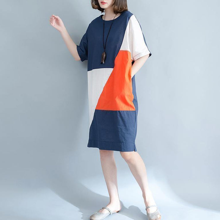 2019 blue linen shift dresses casual shirt dress Fine short sleeve patchwork knee dresses - bagstylebliss