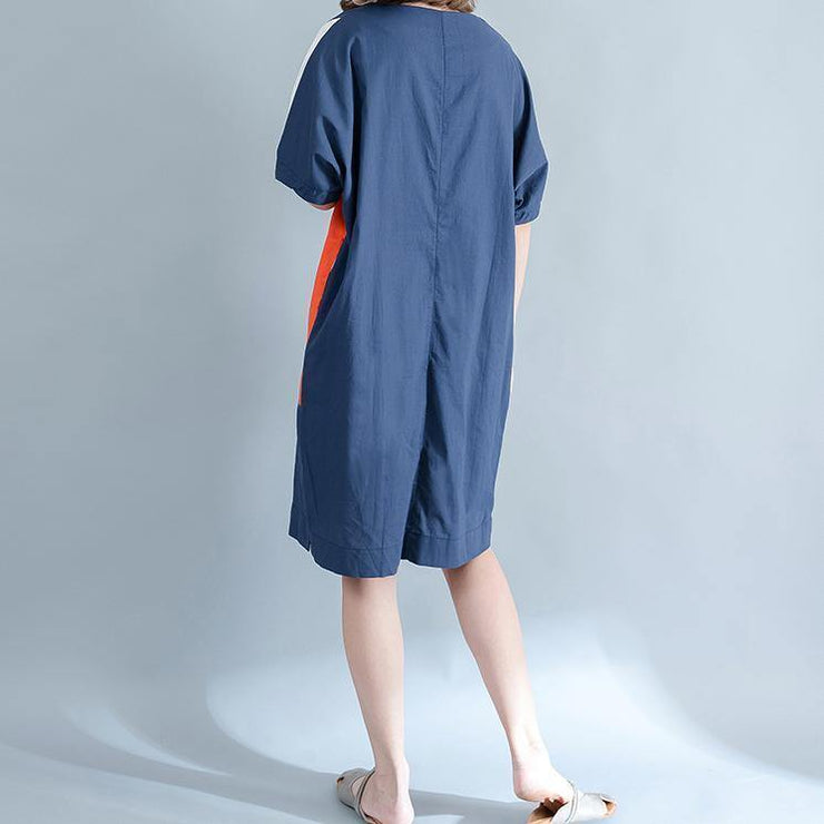 2019 blue linen shift dresses casual shirt dress Fine short sleeve patchwork knee dresses - bagstylebliss