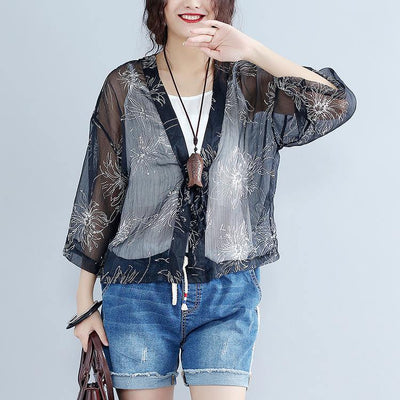 2019 casual gray prints silk cardigans oversize long sleeve tie bust tops - bagstylebliss