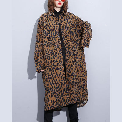 2019 chocolate Leopard coat plus size clothing dress side open casual Turn-down Collar Button coat - bagstylebliss