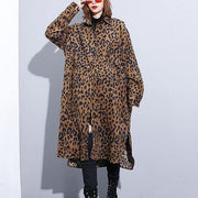 2019 chocolate Leopard coat plus size clothing dress side open casual Turn-down Collar Button coat - bagstylebliss