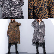 2019 chocolate Leopard coat plus size clothing dress side open casual Turn-down Collar Button coat - bagstylebliss