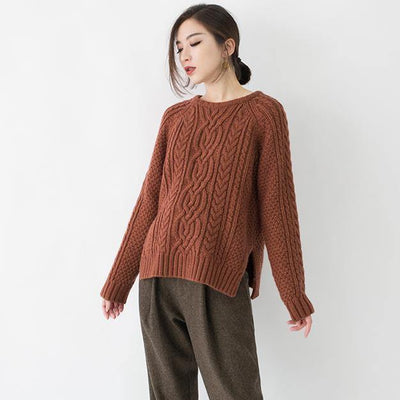 2019 chocolate chunky cozy sweater Loose fitting O neck side open knit sweat tops boutique cable knit blouse - bagstylebliss