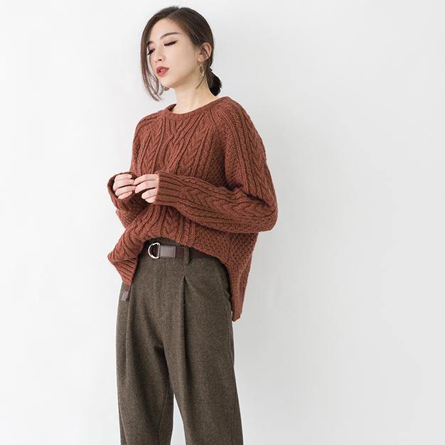 2019 chocolate chunky cozy sweater Loose fitting O neck side open knit sweat tops boutique cable knit blouse - bagstylebliss