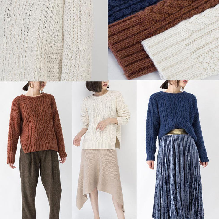 2019 chocolate chunky cozy sweater Loose fitting O neck side open knit sweat tops boutique cable knit blouse - bagstylebliss