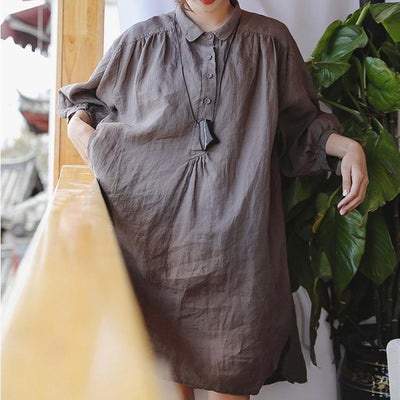 2019 chocolate linen shift dress plus size clothing linen clothing dresses 2018 Three Quarter sleeve baggy dresses Peter pan Collar dresses - bagstylebliss