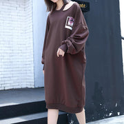 2019 chocolate print cotton blended knee dress plus size casual baggy dresses Fine Asymmetrical collar knee dresses - bagstylebliss