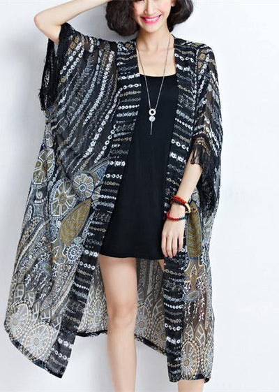 2018 fashion women black chiffon coats plus size tassel summer casual cardigans - bagstylebliss